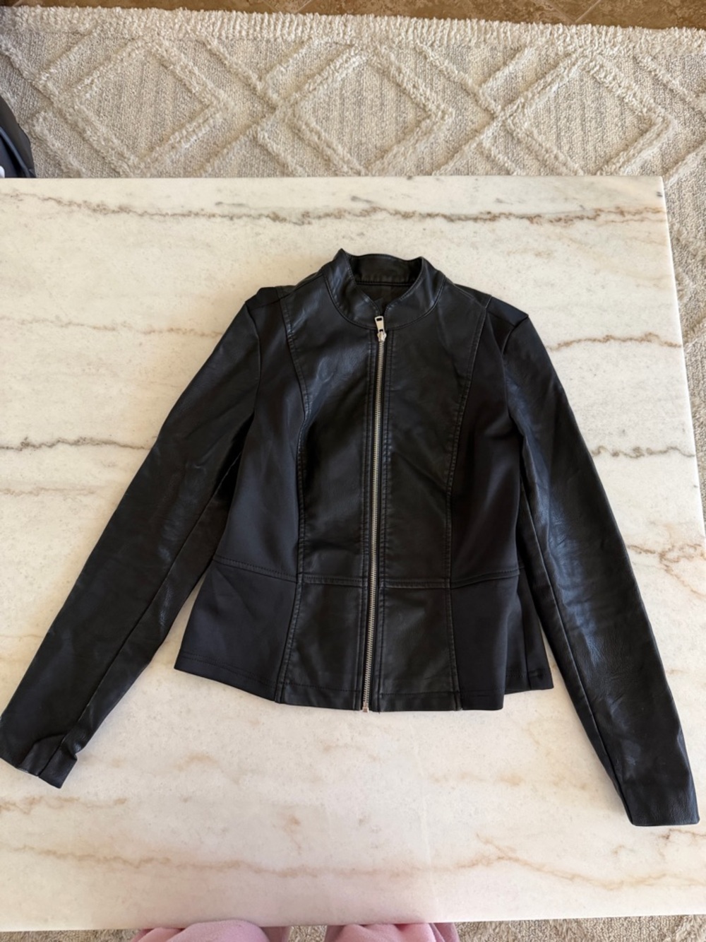 Baccini Black Faux Leather Fitted Zip Jacket